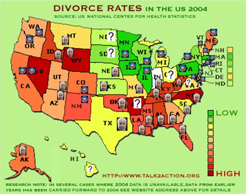 2004 US divorce rates by state + obama mccain polling data