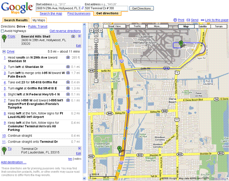 google map of route from Emerald Hills Shell in Hollywood, FL to Avis drop off @ Ft. Lauderdale airport