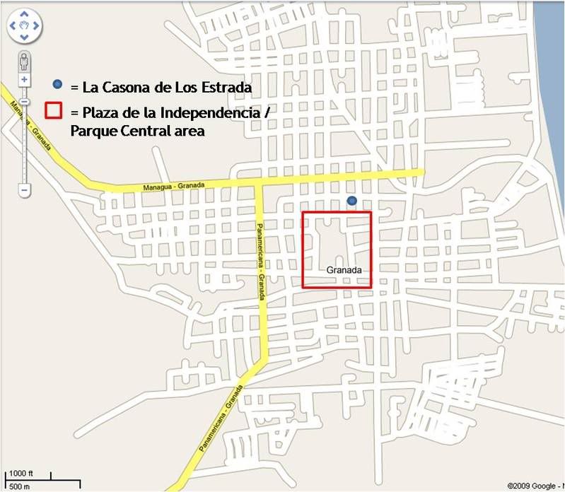map of granada nicaragua focusing on location of la casona de los estrada