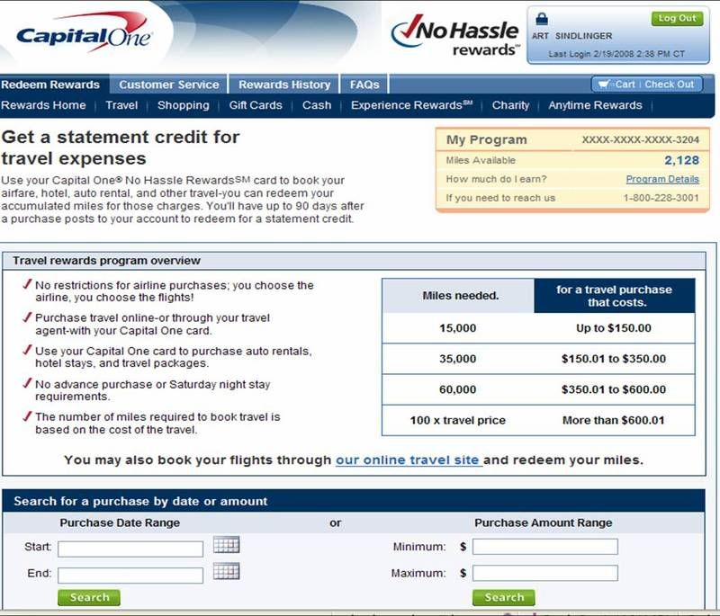 Capital One No Hassle Rewards web site screenshot