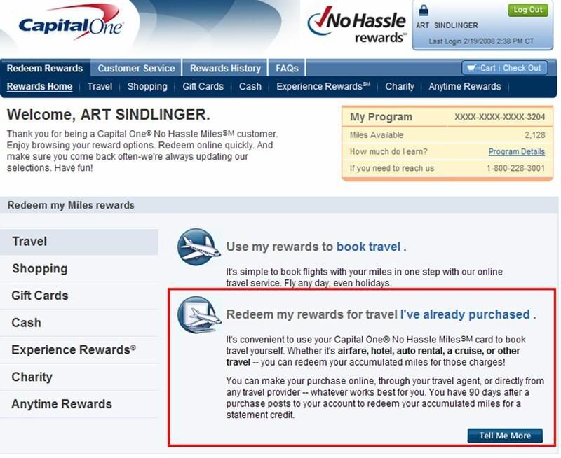 Capital One No Hassle Rewards web site screen shot
