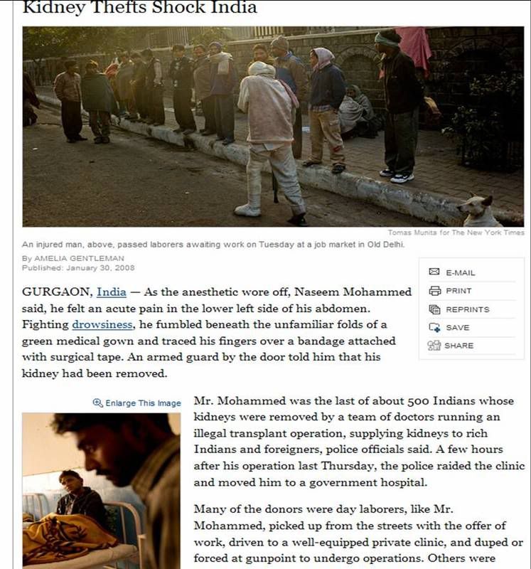 screen shot of NYTimes.com India kidney theft story Jan 30, 2008