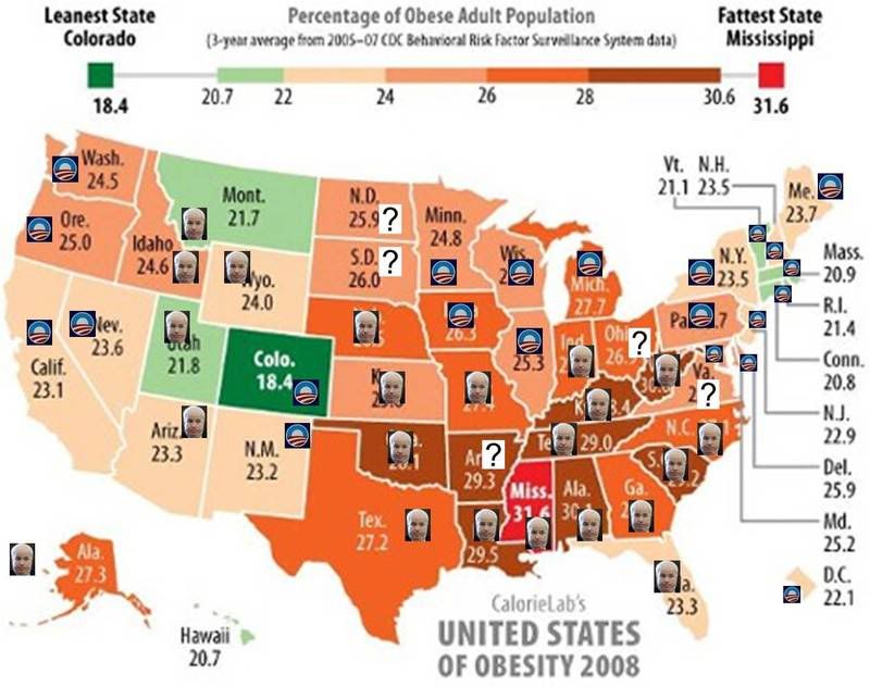 U.S. Obesity Rates by State and McCain & Obama polling data