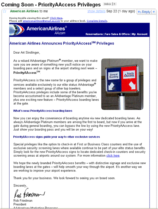 priorityaaccess privileges email from american airlines