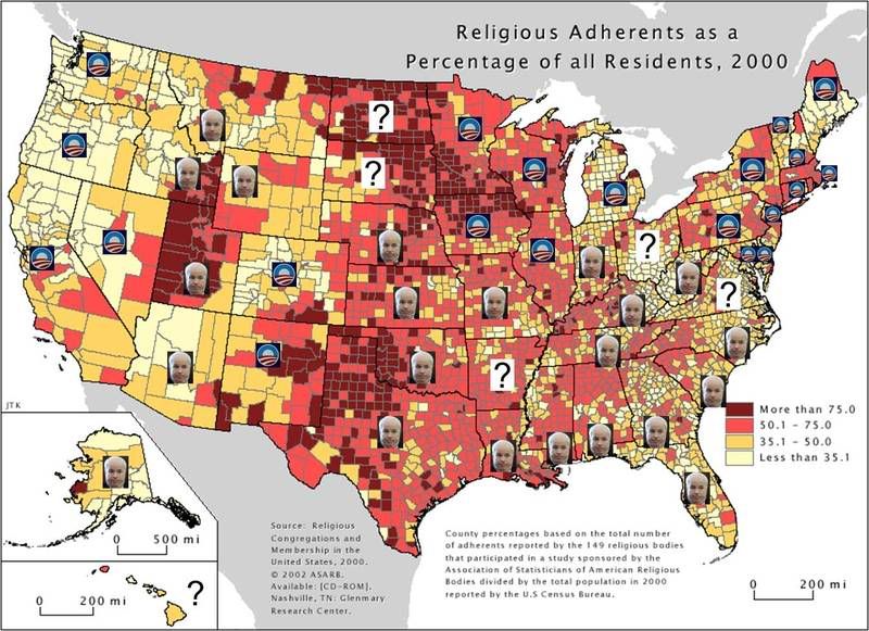 Religious adherents by state and McCain Obama polling data