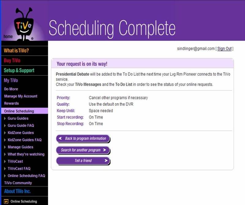 Screen shot of Tivo online scheduling