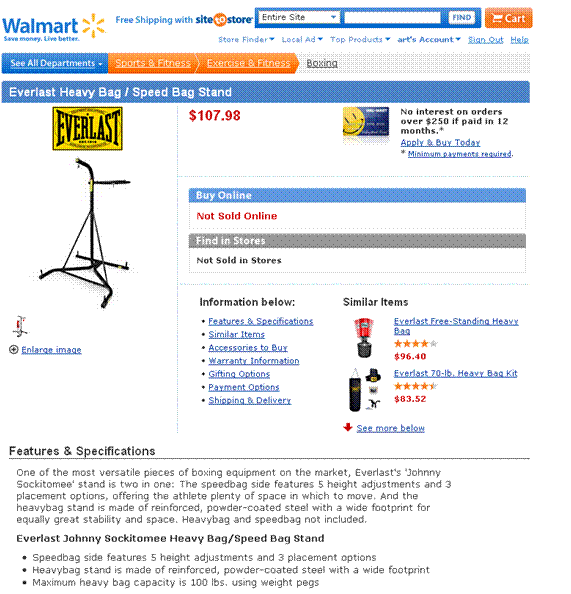 Walmart.com everlast heavy bag no longer sold online