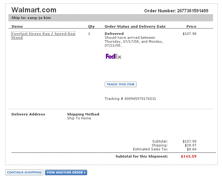 Walmart.com everlast heavy bag order confirmation
