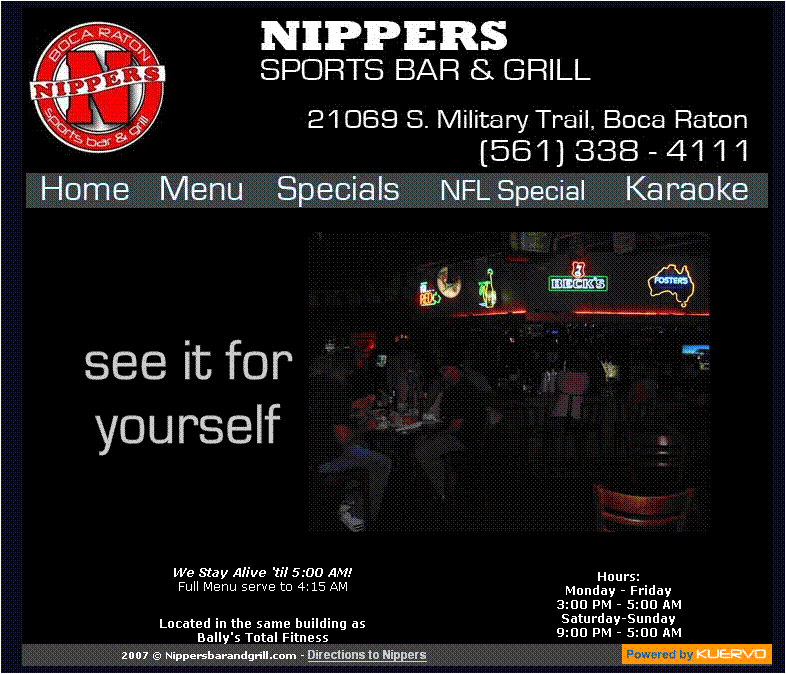 screenshot of Nippers Sports Bar & Grill web site