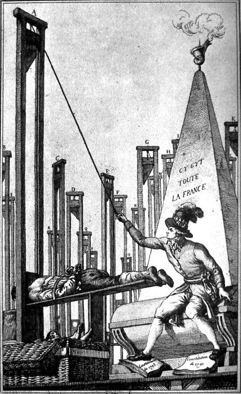 Reign of Terror, An engraving of Robespierre guillotining the executioner after having guillotined everyone else in France