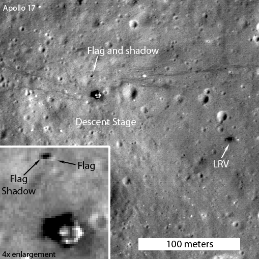 Apollo 17 flag found, LRO slewed 19Â° down-Sun allowing the illuminated side of the still standing American flag to be captured at the Apollo 17 landing site. M113751661L [NASA/GSFC/Arizona State University].