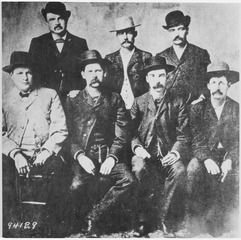 Dodge City [Kans.] Peace Commissioners. L to R: Chas. Bassett, W. H. Harris, Wyatt Earp, Luke Short, L. McLean, Bat Masterson, Neal Brown