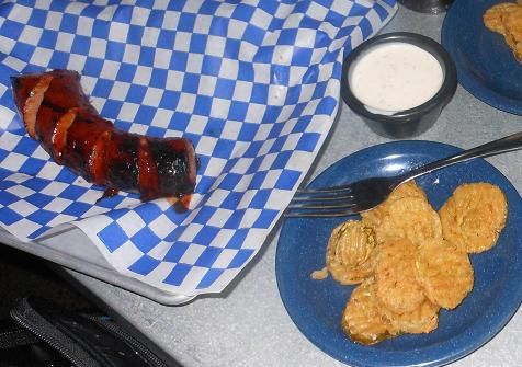 Hot link & deep fried pickles at Famous Dave's BBQ