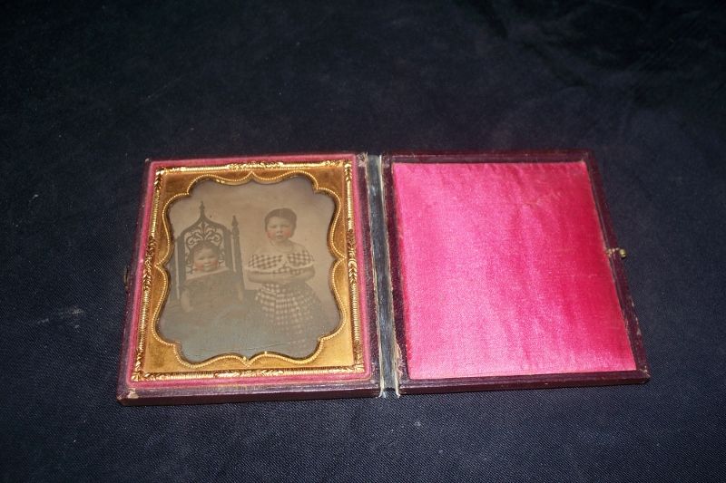 Antique Ambrotype Daguerreotype Sisters Tinted Cheeks  