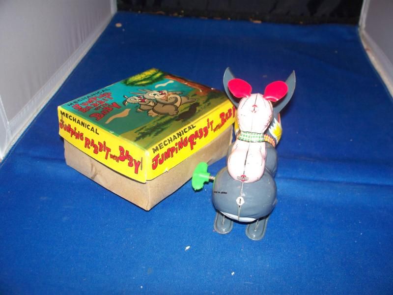 Mikuni Tin Wind Up Mechanical Jumping Rabbit w Baby MIB  